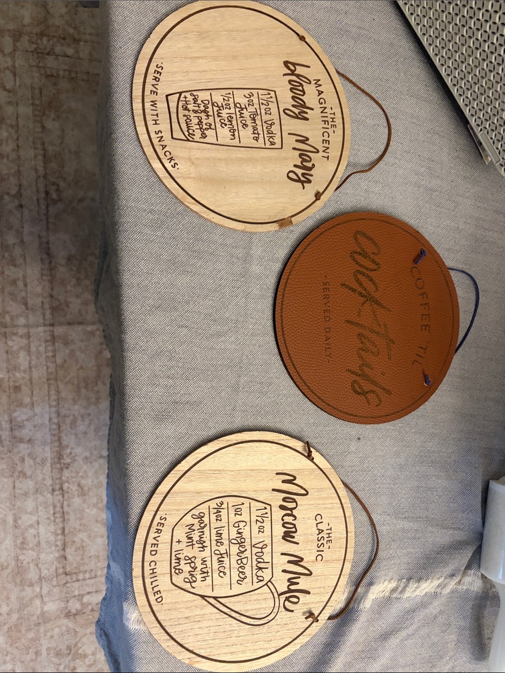 Wood and Leather Round Wall Signs - Brown and Natural